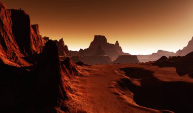 Mars - Kızıl Gezegen. Mars 'ta soğuk çöl. Mars manzarası. 3B illüstrasyon