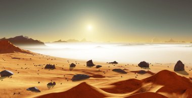 Mars, Kızıl Gezegen. Mars 'ta soğuk çöl. Zemin tozuyla kaplı Mars manzarası, sis. 3B illüstrasyon