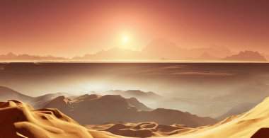 Mars, Kızıl Gezegen. Mars 'ta soğuk çöl. Zemin tozuyla kaplı Mars manzarası, sis. 3B illüstrasyon