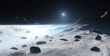 Uzaylı ay manzarası ve büyük doğal sıvı nitrojen havzaları. Yer sisli bir manzara. 3d illüstrasyon