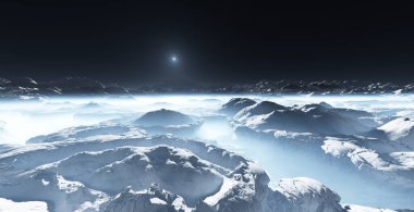 Uzaylı ay manzarası ve büyük doğal sıvı nitrojen havzaları. Yer sisli bir manzara. 3d illüstrasyon