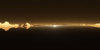 360 derece Titan yüzeyi, hidrokarbon göllü Satürn 'ün en büyük uydusu, eş dikdörtgen projeksiyon, çevre haritası. HDRI küresel panorama. 3d illüstrasyon