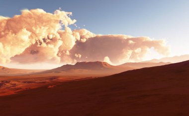 Mars 'ın yüzeyini kaplayan büyük bir toz fırtınası. 3B illüstrasyon