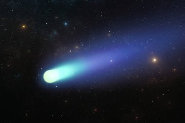 Gökyüzü arka planında büyük toz ve gaz izleriyle düşen parlak kuyruklu yıldız ve kuyruk. 3d illüstrasyon