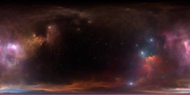 360 derece yıldızlararası toz ve gaz bulutu. Nebula ve yıldızlarla dolu bir arka plan. Parlayan nebula, eşkenar dörtgen yansıtma, çevre haritası. HDRI küresel panorama. 3d illüstrasyon