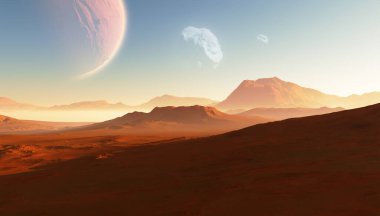 Ayları ve 3 boyutlu illüstrasyonları olan Exoplanor veya Extrasolar kırmızı gezegen