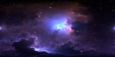 360 derece uzay nebulası, eş dikdörtgen yansıtma, çevre haritası. HDRI küresel panorama. Nebula ve yıldızlarla dolu bir arka plan. 3d illüstrasyon