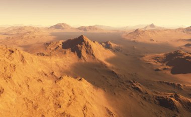 Mars 'ın karanlık ovaları ve devasa karanlık kum tepeleri. 3d illüstrasyon