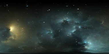 Nebula ve yıldızlı 360 derecelik arkaplan, eşdörtgen projeksiyon, çevre haritası. HDRI küresel panorama. 3d illüstrasyon