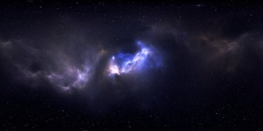 360 derece tam küre panoramik arkaplan, yıldız alanı ve nebula, eşdörtgen projeksiyon, çevre haritası. HDRI küresel panorama. 3B illüstrasyon