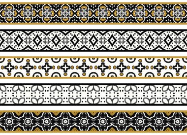 Beyaz, altın, gri ve siyah olmak üzere soyut elementlerden oluşan beş resimli dekoratif kenarlık kümesi