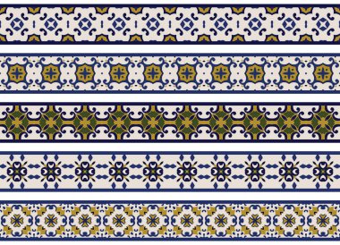 Bej, mavi, sarı, yeşil ve siyah olmak üzere soyut elementlerden oluşan beş resimli dekoratif kenarlık kümesi