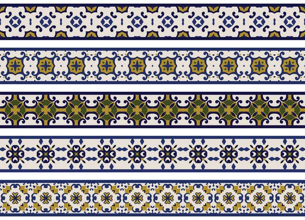 Conjunto Cinco Bordes Decorativos Ilustrados Hechos Elementos Abstractos Beige Azul — Vector de stock