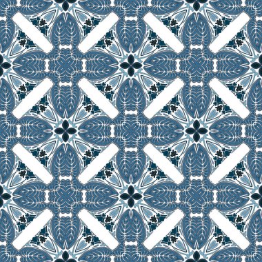 Beyaz ve mavi tonlarında soyut elementlerden oluşan kusursuz resimli desen