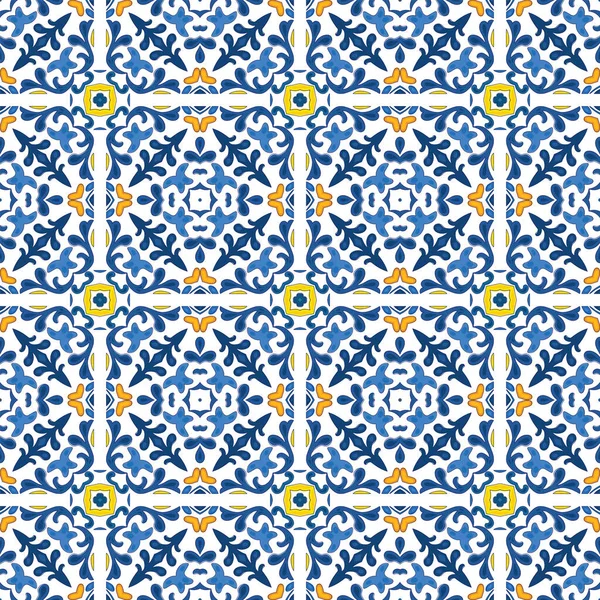 Безшовний Ілюстрований Візерунок Абстрактних Елементів Білому Відтінках Синього Жовтого Помаранчевого — стоковий вектор