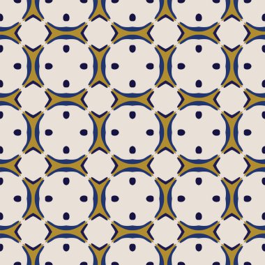 Bej, sarı ve mavi tonlarında soyut elementlerden yapılmış kusursuz desenli.