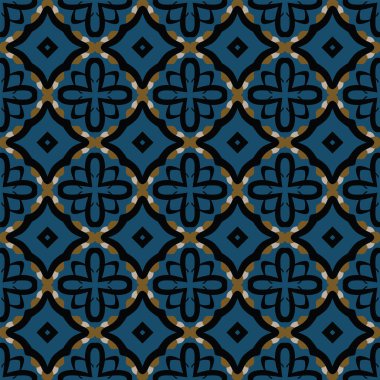 Bej, kahverengi, mavi ve siyah olarak soyut elementlerden yapılmış kusursuz çizilmiş desen