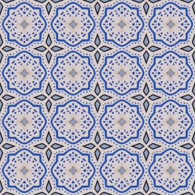 Bej, siyah ve mavi tonlarında soyut elementlerden yapılmış kusursuz desenli.