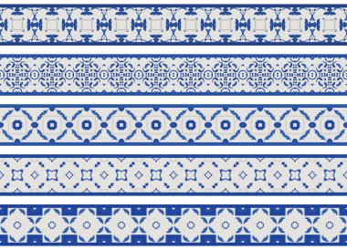 Açık gri ve mavi tonlarında soyut elementlerden oluşan beş resimli dekoratif kenarlık kümesi