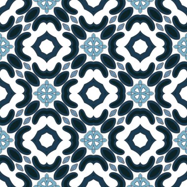 Beyaz ve mavi tonlarında soyut elementlerden oluşan kusursuz resimli desen