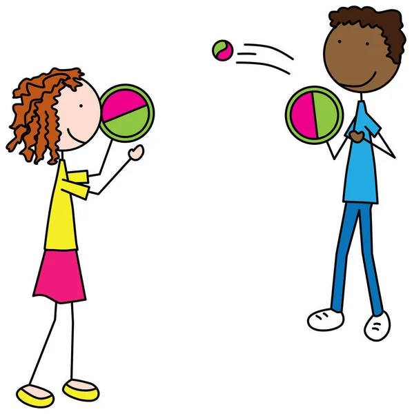 女の子と男の子の漫画のイラストは ディスクパドルとボールで遊んで — ストックベクタ