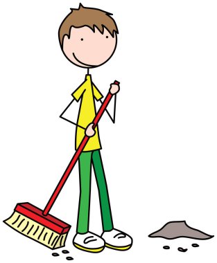 Cartoon illustration of a boy sweeping floor