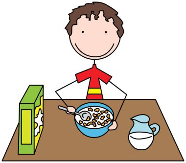 Cartoon illustration of a boy eating cereals for breakfast