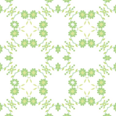 Seamless illustrated pattern made of floral green elements on white
