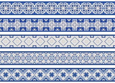 Açık gri ve mavi tonlarında soyut elementlerden oluşan beş resimli dekoratif kenarlık kümesi