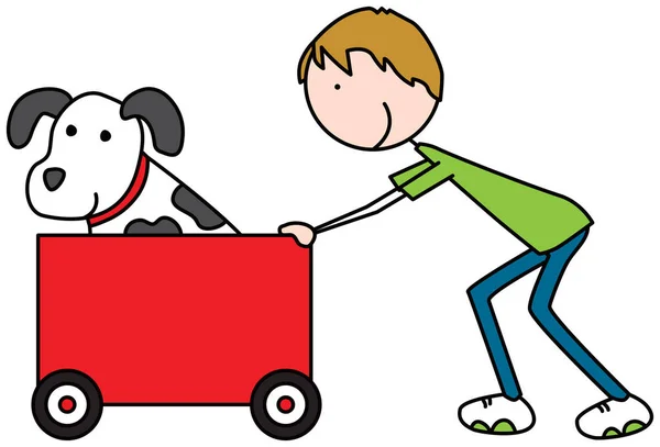 Cartoon Vector Illustration Boy Pushing Wagon Dog — Stockvektor