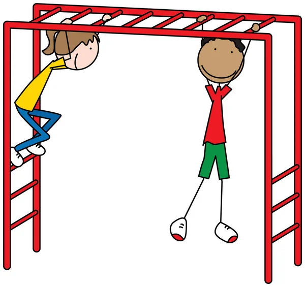 Karikatur Von Mädchen Und Jungen Die Auf Affenstäben Spielen — Stockvektor