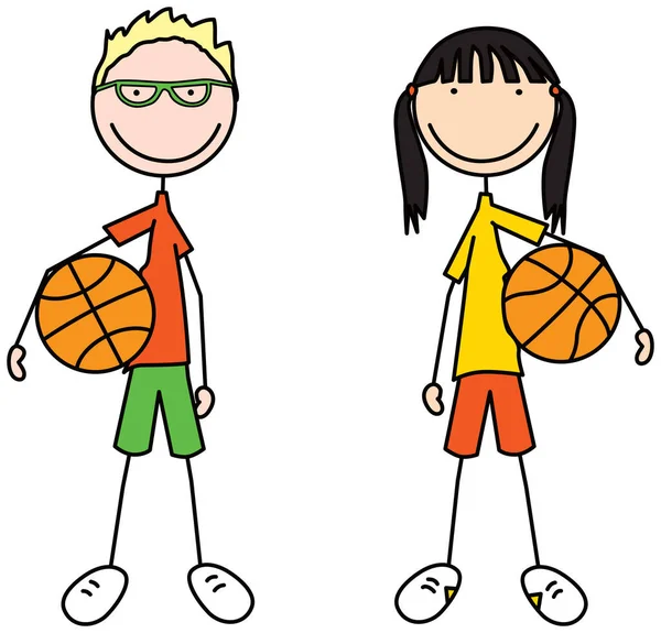 Illustrazione Vettoriale Del Fumetto Ragazzo Una Ragazza Con Palloni Basket — Vettoriale Stock