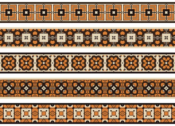 Conjunto Cinco Bordes Decorativos Ilustrados Hechos Elementos Abstractos Beige Naranja — Vector de stock