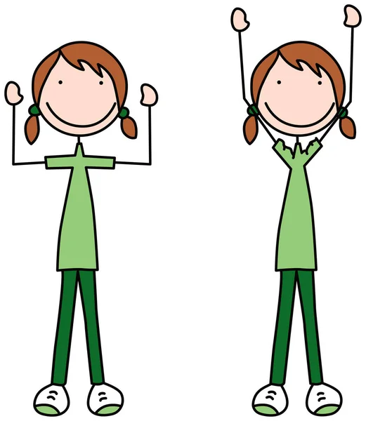 Cartoon Vector Illustration Girl Exercising Shoulder Overhead Arm Stretch — Stock Vector