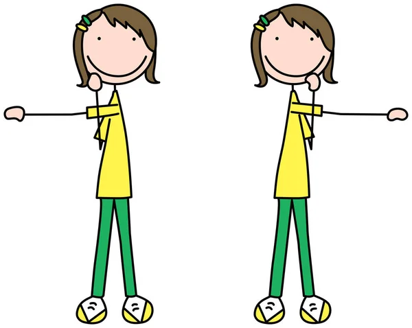 一个女孩练习侧肩伸展的卡通矢量图解 — 图库矢量图片