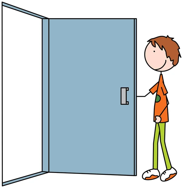 Tecknad Illustration Pojke Öppna Dörren — Stock vektor