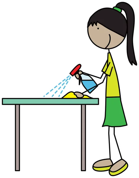 一个女孩擦桌子的卡通画 — 图库矢量图片