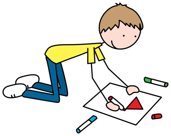 Cartoon Illustration Boy Drawing Kneeling Floor — Stock Vector