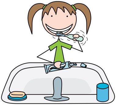 Dişlerini elektrikli diş fırçasıyla fırçalayan bir kızın karikatür çizimi