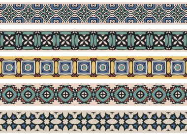 Soyut öğeler bej, yeşil, sarı, mavi ve siyah yapılmış dekoratif sınırları beş dizi resimli