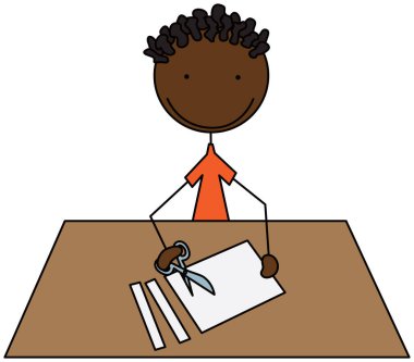 Makasla kağıt kesen bir çocuğun karikatür çizimi