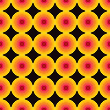 Siyah zemin üzerinde sarı, turuncu ve kırmızı gölgeli eşmerkezli dairelerden oluşan kusursuz desenler.