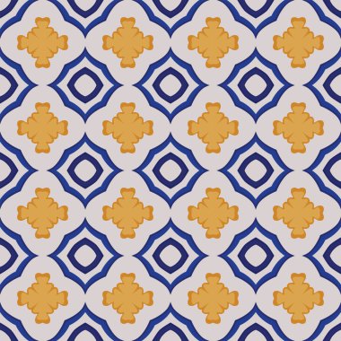 Bej, sarı ve mavi tonlarında soyut elementlerden yapılmış kusursuz resimli desen.