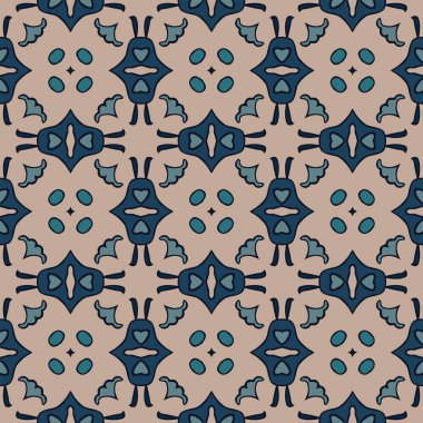 Bej, turkuaz ve mavi tonlarda soyut elementlerden yapılmış kusursuz desenli.