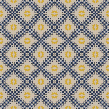 Bej, sarı ve mavi renkli soyut elementlerden yapılmış kusursuz çizimli desen