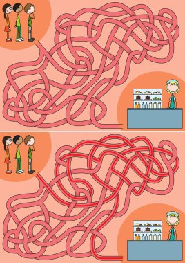 Çocuklar kafeterya kuyruğunda çözümü olan çocukları bekliyor.