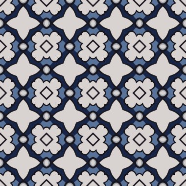 Beyaz, siyah ve mavi tonlarında soyut elementlerden oluşan kusursuz desenli.