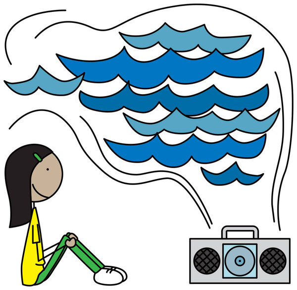 Карикатура на девушку, слушающую звуки волны