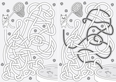 Siyah beyaz çözümü olan çocuklar için küçük bir labirent.