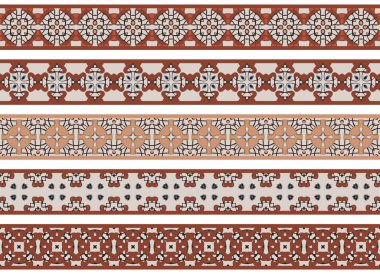 Bej, mavi ve kahverengi tonlarında soyut elementlerden oluşan beş resimli dekoratif kenarlık kümesi